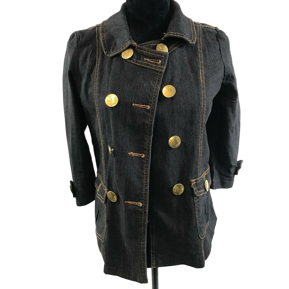 Drama Gold Womens Dark Wash Denim Jacket Double Breasted Gold Buttons Small